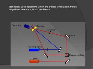 Technology uses holograms which are created when a light from a
single laser beam is split into two beams
 