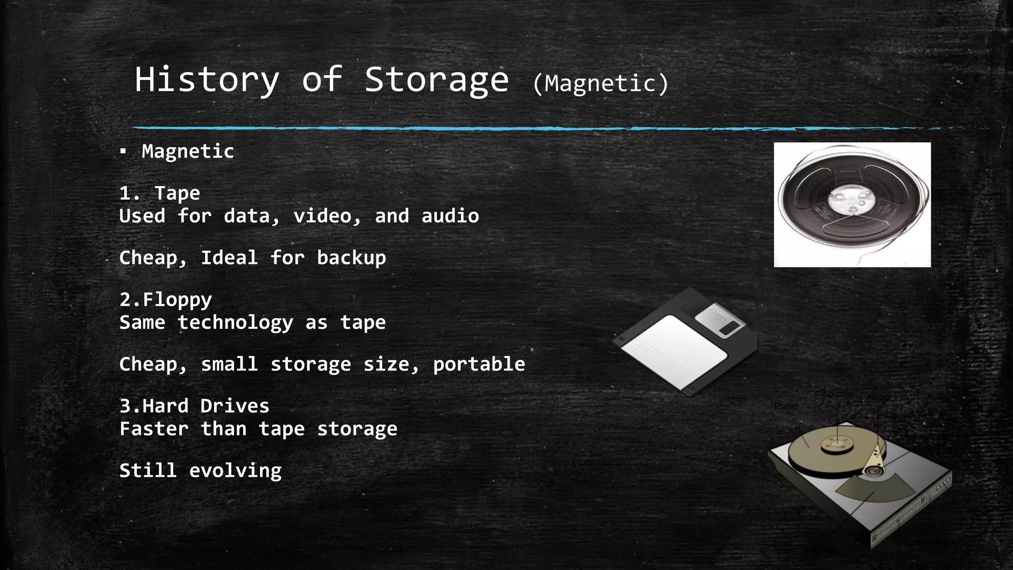 History of Storage (Magnetic)
▪ Magnetic
1. Tape
Used for data, video, and audio
Cheap, Ideal for backup
2.Floppy
Same technology as tape
Cheap, small storage size, portable
3.Hard Drives
Faster than tape storage
Still evolving
 