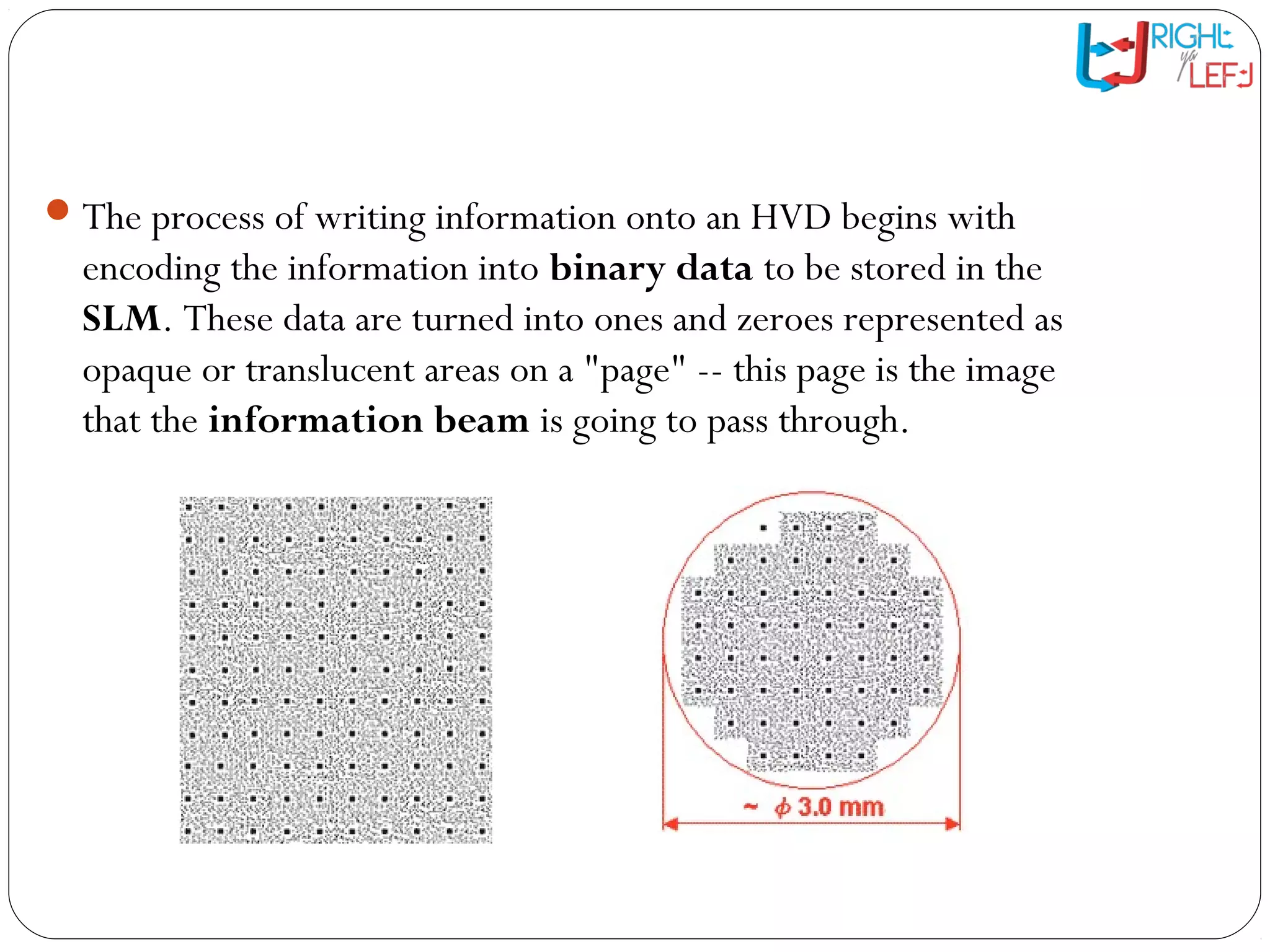 The HVD System: Writing
Data
The process of writing information onto an HVD begins with
encoding the information into binary data to be stored in the
SLM. These data are turned into ones and zeroes represented as
opaque or translucent areas on a "page" -- this page is the image
that the information beam is going to pass through.
 