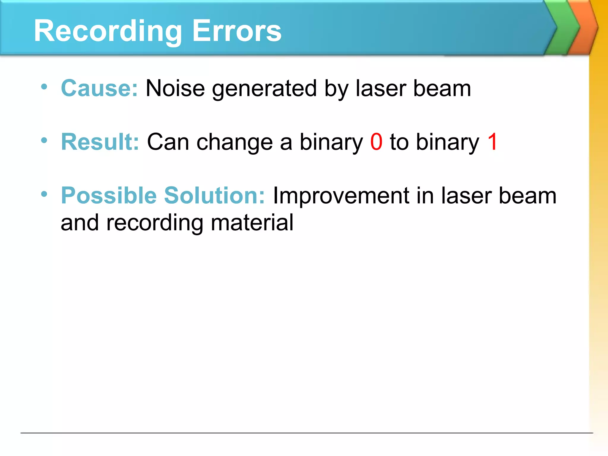 Recording Errors
• Cause: Noise generated by laser beam
• Result: Can change a binary 0 to binary 1
• Possible Solution: Improvement in laser beam
and recording material
 