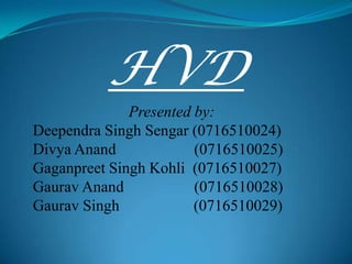 HVD
              Presented by:
Deependra Singh Sengar (0716510024)
Divya Anand             (0716510025)
Gaganpreet Singh Kohli (0716510027)
Gaurav Anand            (0716510028)
Gaurav Singh            (0716510029)
 