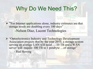 Why Do We Need This? “ For Internet applications alone, industry estimates are that storage needs are doubling every 100 days” -Nelson Diaz, Lucent Technologies “ Optoelectronics Industry and Technology Development Association projects that by the year 2010, a storage system serving an average LAN will need … 10 TB and a WAN server will  require 100 TB to 1 petabyte …of storage” - Red Herring 