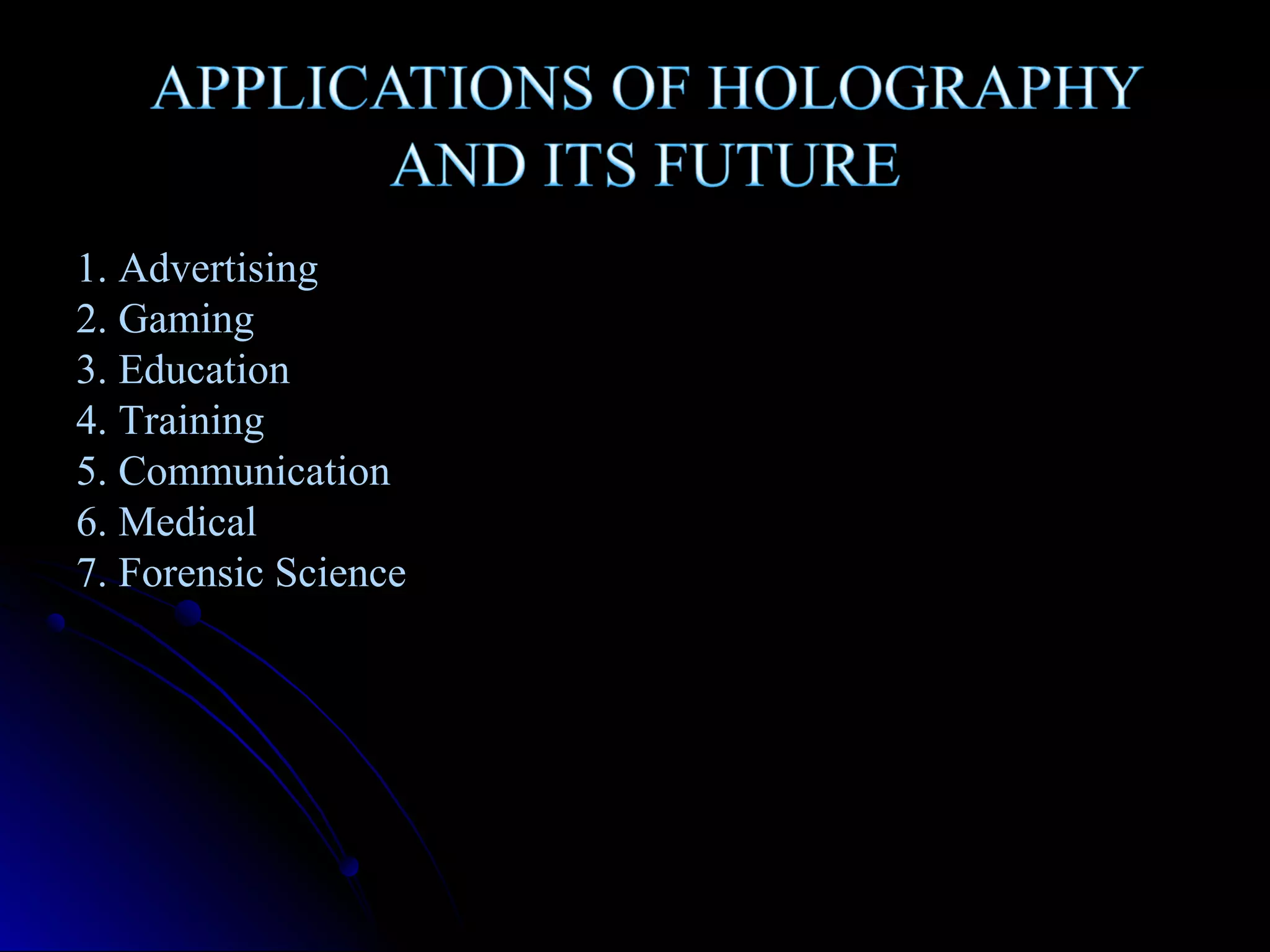 1. Advertising
2. Gaming
3. Education
4. Training
5. Communication
6. Medical
7. Forensic Science

 