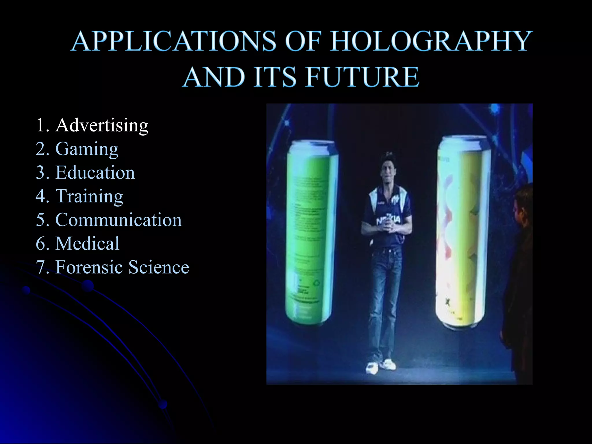 1. Advertising
2. Gaming
3. Education
4. Training
5. Communication
6. Medical
7. Forensic Science

 