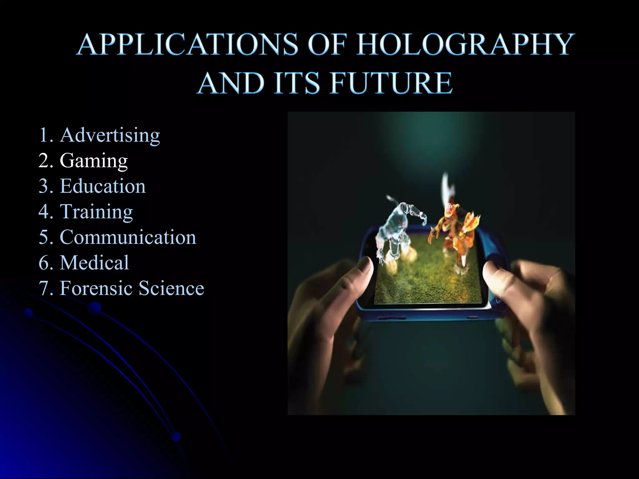 1. Advertising
2. Gaming
3. Education
4. Training
5. Communication
6. Medical
7. Forensic Science

 