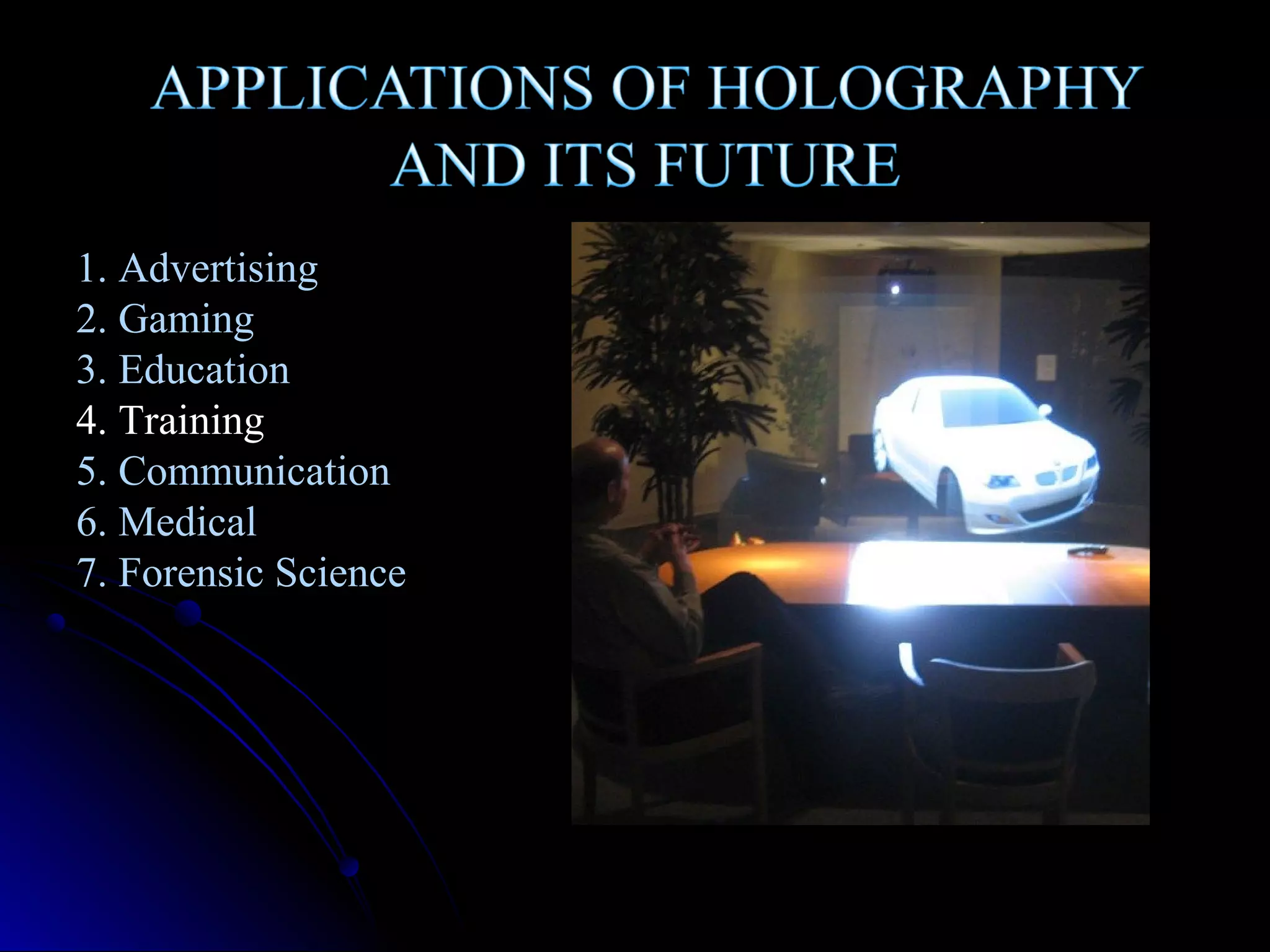 1. Advertising
2. Gaming
3. Education
4. Training
5. Communication
6. Medical
7. Forensic Science

 