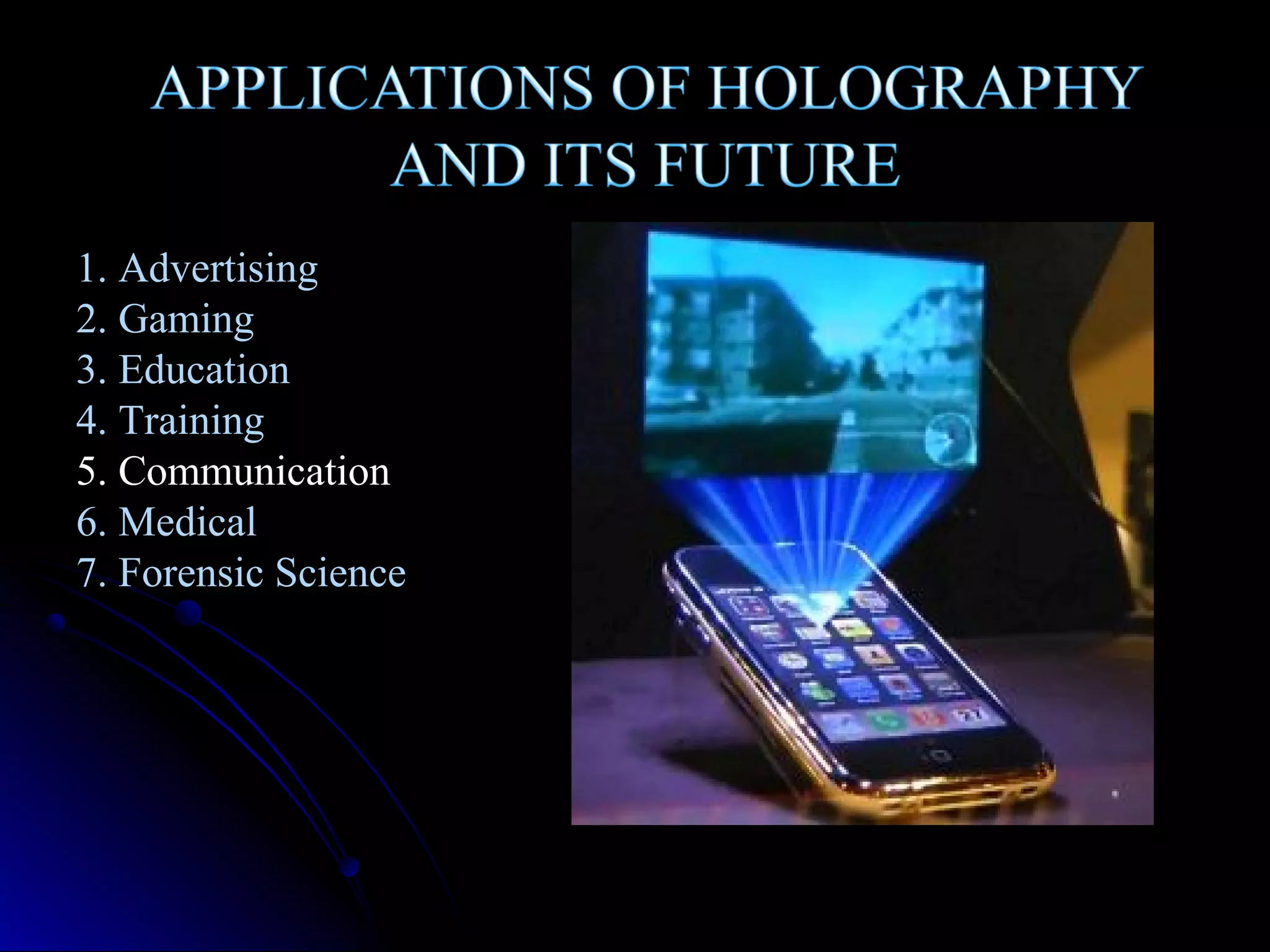 1. Advertising
2. Gaming
3. Education
4. Training
5. Communication
6. Medical
7. Forensic Science

 