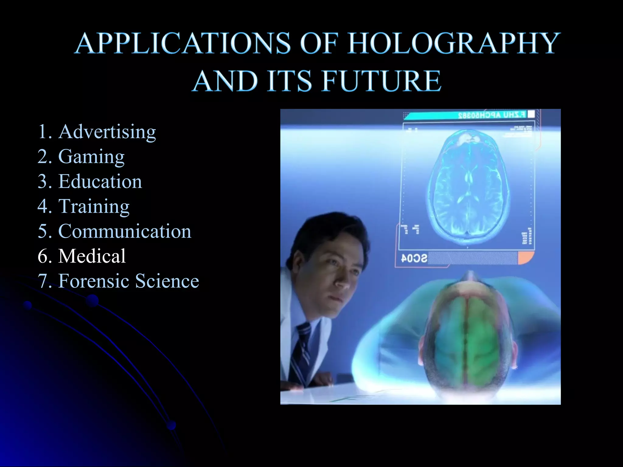 1. Advertising
2. Gaming
3. Education
4. Training
5. Communication
6. Medical
7. Forensic Science

 