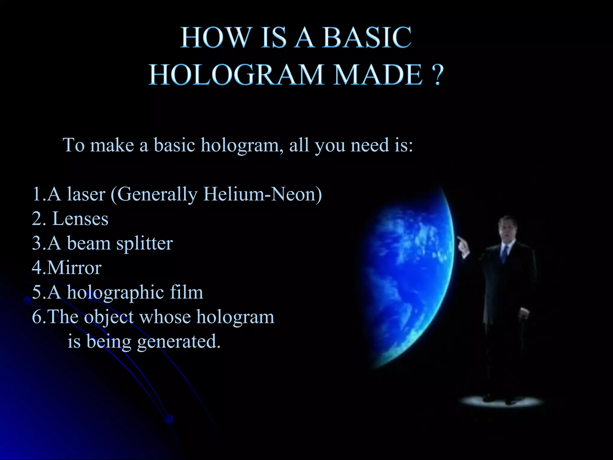 To make a basic hologram, all you need is:
1.A laser (Generally Helium-Neon)
2. Lenses
3.A beam splitter
4.Mirror
5.A holographic film
6.The object whose hologram
is being generated.

 