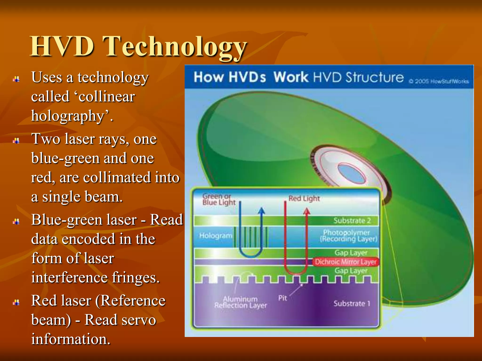 HVD TechnologyUses a technology called ‘collinear holography’. Two laser rays, one blue-green and one red, are collimated into a single beam.Blue-green laser - Read  data encoded in the form of laser interference fringes. Red laser (Reference beam) - Read servo information.  