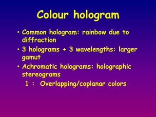 Hologram constructionWhen developed the photographic plate will have a transmittance which depends on the intensity distribution in the recorded plate  tb – backgrond transmittance due to |R|2 term B – parameter which is a function of the recording an developing process 