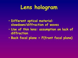 Hologram reconstructionDirect wave – identical to reference wave (propagates along z) except for an overall change in amplitude Object wave – Spherical wave except for a change in intensity B|r|2              i.e. reconstructed wavefront Conjugate wave – spherical wave collapsing to a point at a distance z to the right of the hologram     1 :  a real image      2 :  displaced by a phase angle 2kz 