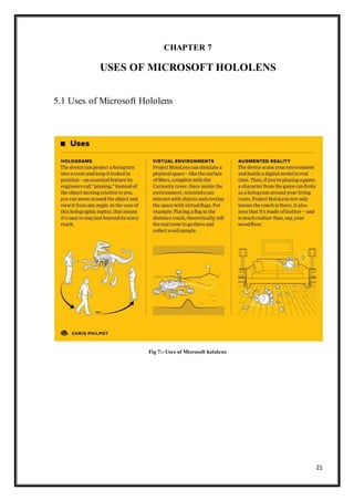 21
CHAPTER 7
USES OF MICROSOFT HOLOLENS
5.1 Uses of Microsoft Hololens
Fig 7:- Uses of Microsoft hololens
 