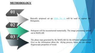 Basically proposed set up (Slide No. 6) will be used to capture the
Holograms.
Hologram will be reconstructed numerically. The image processing carried
out in MATLAB.
The phase map generated by the MATLAB for the different hologram will
Give us the information about the drying process, hence we can extract
Hygroscopic properties of wood.
.
01
02
03
METHODOLOGY
10
 