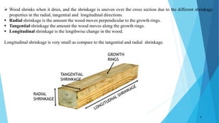  Wood shrinks when it dries, and the shrinkage is uneven over the cross section due to the different shrinkage
properties in the radial, tangential and longitudinal directions.
 Radial shrinkage is the amount the wood moves perpendicular to the growth rings.
 Tangential shrinkage the amount the wood moves along the growth rings.
 Longitudinal shrinkage is the lengthwise change in the wood.
Longitudinal shrinkage is very small as compare to the tangential and radial shrinkage.
8
RADIAL
SHRINKAGE
TANGENTIAL
SHRINKAGE
GROWTH
RINGS
 