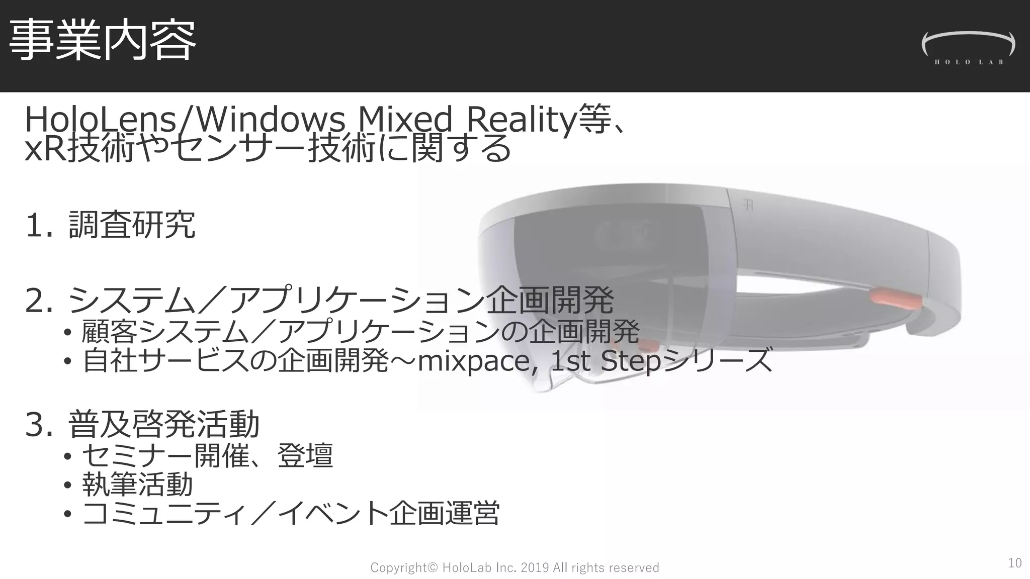 事業内容
HoloLens/Windows Mixed Reality等、
xR技術やセンサー技術に関する
1. 調査研究
2. システム／アプリケーション企画開発
• 顧客システム／アプリケーションの企画開発
• 自社サービスの企画開発～mixpace, 1st Stepシリーズ
3. 普及啓発活動
• セミナー開催、登壇
• 執筆活動
• コミュニティ／イベント企画運営
10Copyright© HoloLab Inc. 2019 All rights reserved
 