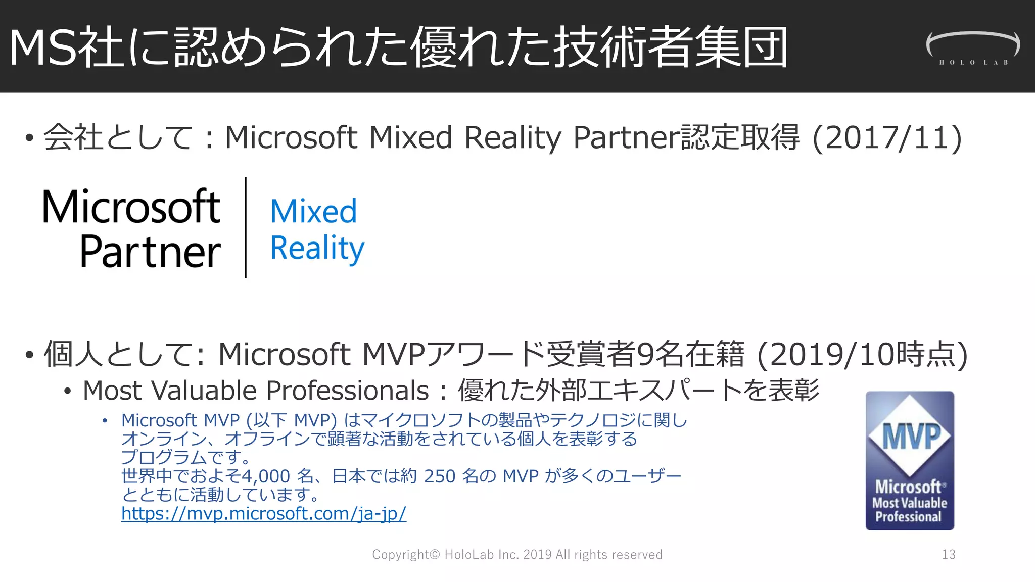 MS社に認められた優れた技術者集団
• 会社として：Microsoft Mixed Reality Partner認定取得 (2017/11)
• 個人として: Microsoft MVPアワード受賞者9名在籍 (2019/10時点)
• Most Valuable Professionals : 優れた外部エキスパートを表彰
• Microsoft MVP (以下 MVP) はマイクロソフトの製品やテクノロジに関し
オンライン、オフラインで顕著な活動をされている個人を表彰する
プログラムです。
世界中でおよそ4,000 名、日本では約 250 名の MVP が多くのユーザー
とともに活動しています。
https://mvp.microsoft.com/ja-jp/
Copyright© HoloLab Inc. 2019 All rights reserved 13
 