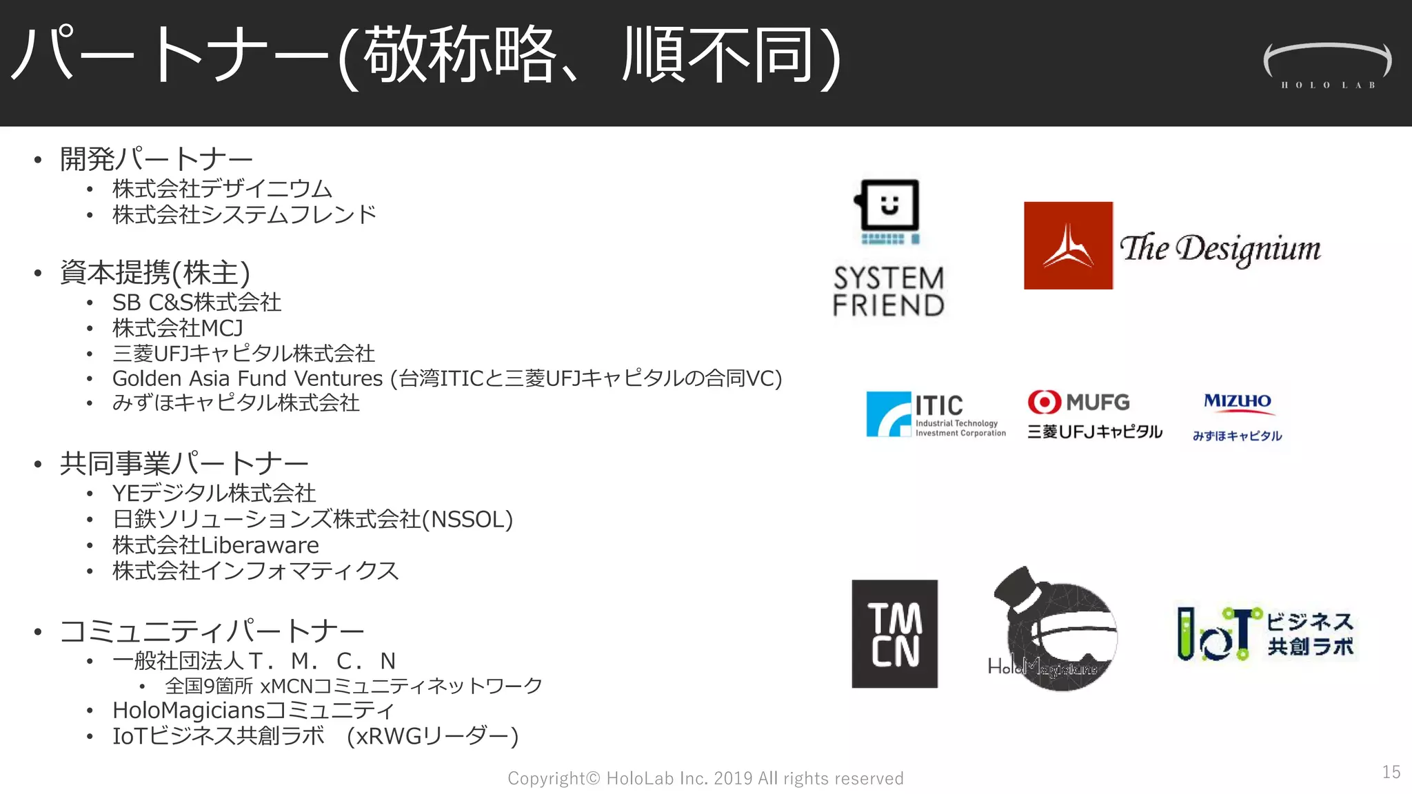 パートナー(敬称略、順不同)
• 開発パートナー
• 株式会社デザイニウム
• 株式会社システムフレンド
• 資本提携(株主)
• SB C&S株式会社
• 株式会社MCJ
• 三菱UFJキャピタル株式会社
• Golden Asia Fund Ventures (台湾ITICと三菱UFJキャピタルの合同VC)
• みずほキャピタル株式会社
• 共同事業パートナー
• YEデジタル株式会社
• 日鉄ソリューションズ株式会社(NSSOL)
• 株式会社Liberaware
• 株式会社インフォマティクス
• コミュニティパートナー
• 一般社団法人Ｔ．Ｍ．Ｃ．Ｎ
• 全国9箇所 xMCNコミュニティネットワーク
• HoloMagiciansコミュニティ
• IoTビジネス共創ラボ (xRWGリーダー)
15Copyright© HoloLab Inc. 2019 All rights reserved
 