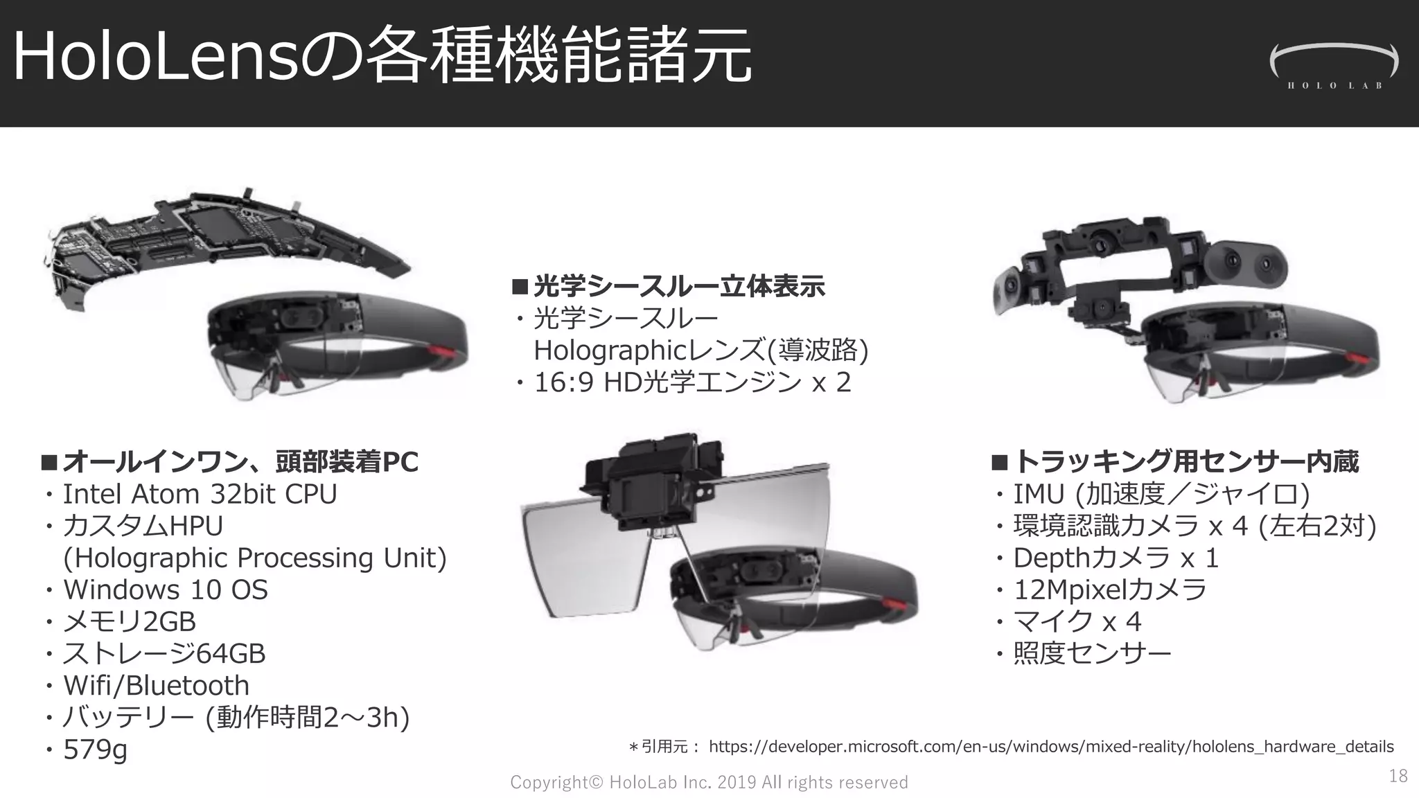 HoloLensの各種機能諸元
■光学シースルー立体表示
・光学シースルー
Holographicレンズ(導波路)
・16:9 HD光学エンジン x 2
■トラッキング用センサー内蔵
・IMU (加速度／ジャイロ)
・環境認識カメラ x 4 (左右2対)
・Depthカメラ x 1
・12Mpixelカメラ
・マイク x 4
・照度センサー
■オールインワン、頭部装着PC
・Intel Atom 32bit CPU
・カスタムHPU
(Holographic Processing Unit)
・Windows 10 OS
・メモリ2GB
・ストレージ64GB
・Wifi/Bluetooth
・バッテリー (動作時間2～3h)
・579g ＊引用元： https://developer.microsoft.com/en-us/windows/mixed-reality/hololens_hardware_details
18Copyright© HoloLab Inc. 2019 All rights reserved
 
