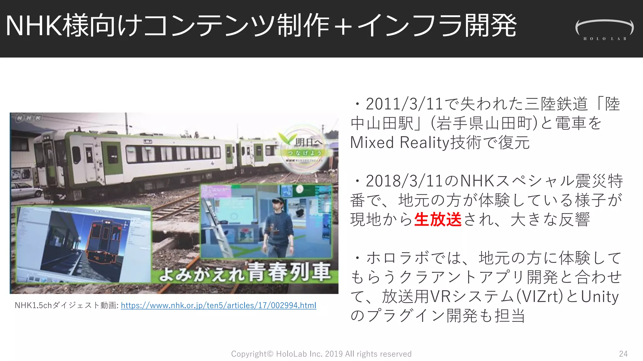 NHK様向けコンテンツ制作＋インフラ開発
Copyright© HoloLab Inc. 2019 All rights reserved
NHK1.5chダイジェスト動画: https://www.nhk.or.jp/ten5/articles/17/002994.html
・2011/3/11で失われた三陸鉄道「陸
中山田駅」(岩手県山田町)と電車を
Mixed Reality技術で復元
・2018/3/11のNHKスペシャル震災特
番で、地元の方が体験している様子が
現地から生放送され、大きな反響
・ホロラボでは、地元の方に体験して
もらうクラアントアプリ開発と合わせ
て、放送用VRシステム(VIZrt)とUnity
のプラグイン開発も担当
24
 