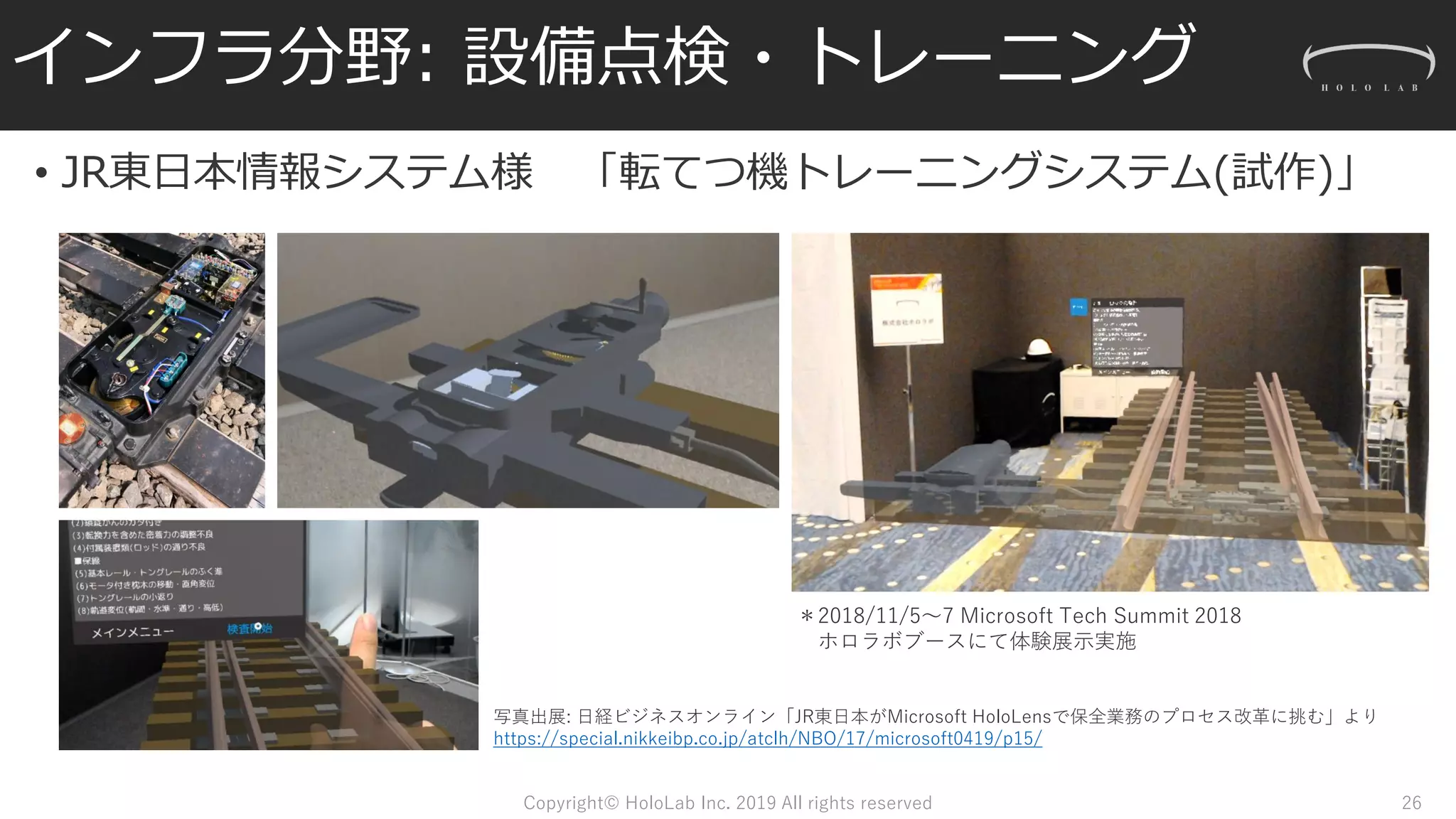インフラ分野: 設備点検・トレーニング
• JR東日本情報システム様 「転てつ機トレーニングシステム(試作)」
Copyright© HoloLab Inc. 2019 All rights reserved 26
＊2018/11/5～7 Microsoft Tech Summit 2018
ホロラボブースにて体験展示実施
写真出展: 日経ビジネスオンライン「JR東日本がMicrosoft HoloLensで保全業務のプロセス改革に挑む」より
https://special.nikkeibp.co.jp/atclh/NBO/17/microsoft0419/p15/
 