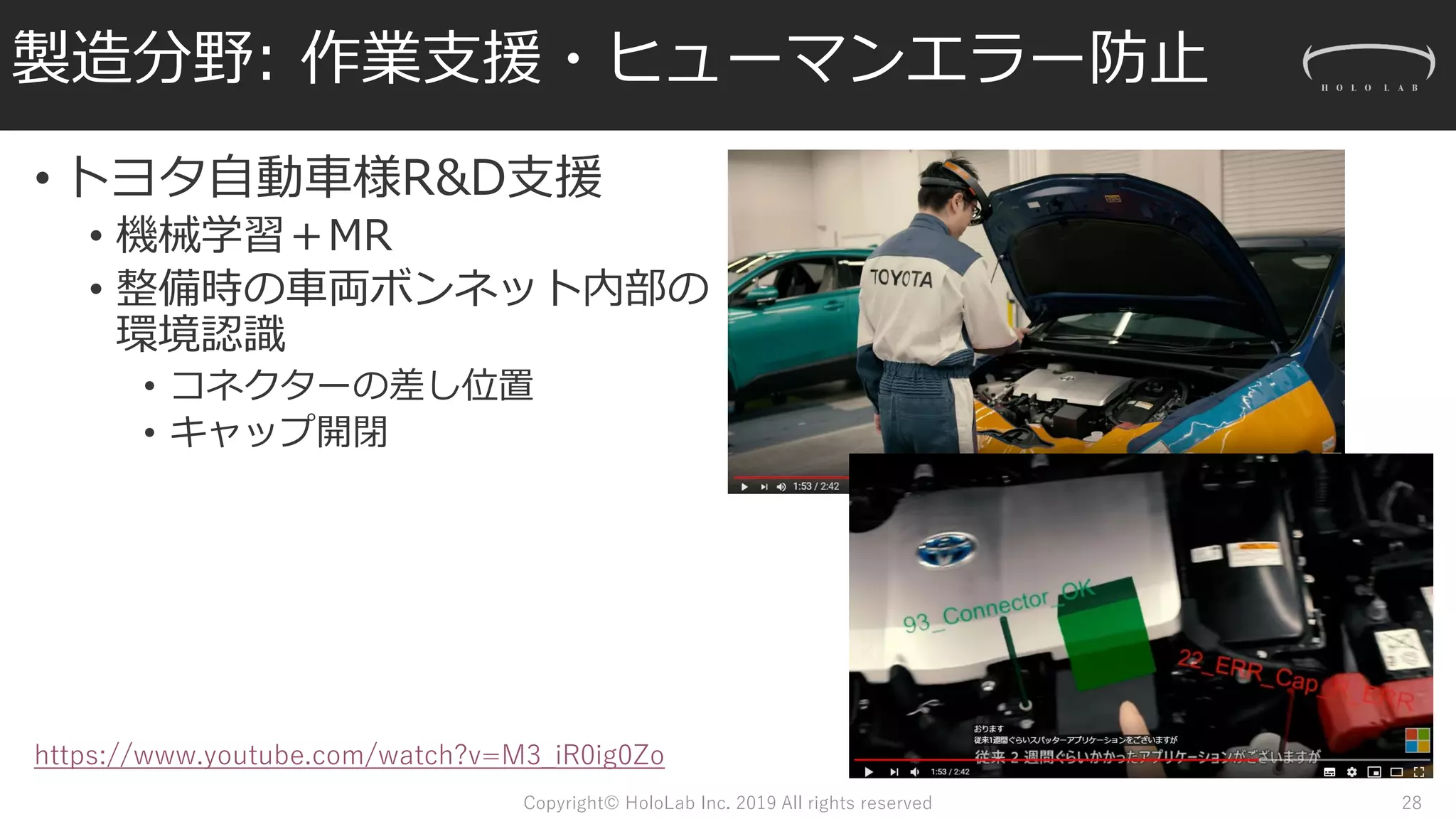 製造分野: 作業支援・ヒューマンエラー防止
• トヨタ自動車様R&D支援
• 機械学習＋MR
• 整備時の車両ボンネット内部の
環境認識
• コネクターの差し位置
• キャップ開閉
Copyright© HoloLab Inc. 2019 All rights reserved 28
https://www.youtube.com/watch?v=M3_iR0ig0Zo
 