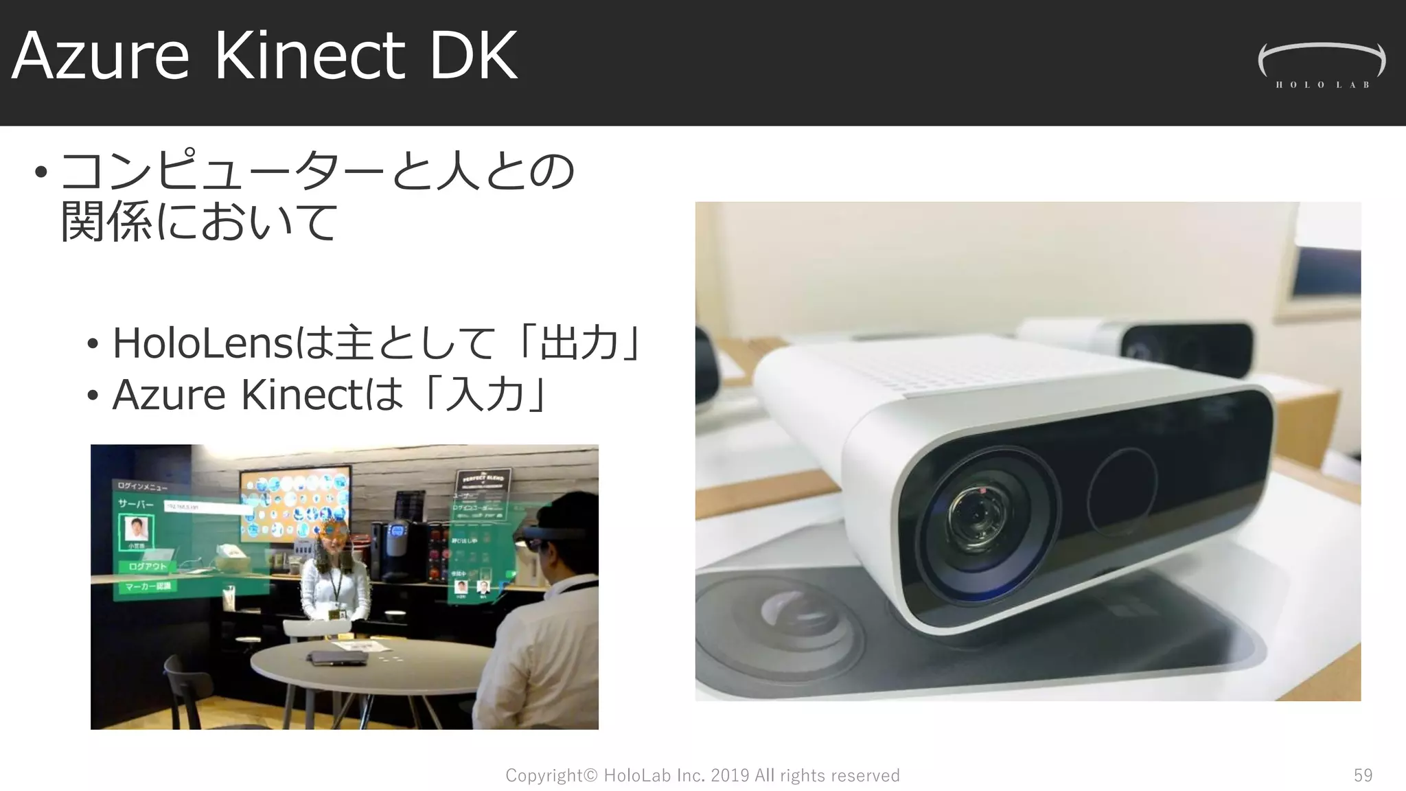 Azure Kinect DK
• コンピューターと人との
関係において
• HoloLensは主として「出力」
• Azure Kinectは「入力」
Copyright© HoloLab Inc. 2019 All rights reserved 59
 