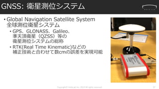 GNSS: 衛星測位システム
• Global Navigation Satellite System
全球測位衛星システム
• GPS、GLONASS、Galileo、
準天頂衛星（QZSS）等の
衛星測位システムの総称
• RTK(Real Time Kinematic)などの
補正技術と合わせて数cmの誤差を実現可能
Copyright© HoloLab Inc. 2019 All rights reserved 57
 
