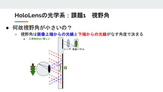 ● 何故視野角が小さいの？
○ 視野角は画像上端からの光線と下端からの光線がなす角度で決まる
■ 三角形のαに等しい
HoloLensの光学系：課題1 視野角
液晶パネルレンズ
α
 