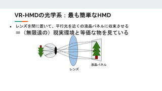 ● レンズを間に置いて、平行光を近くの液晶パネルに収束させる
＝（無限遠の）現実環境と等価な物を見ている
VR-HMDの光学系：最も簡単なHMD
レンズ
液晶パネル
 