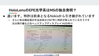 ● 違います。特許は前身となるNokiaから引き継がれています
○ さらに射出瞳拡張の手法自体は1987年に特許が取られているそうです
元は飛行機などのヘッドアップディスプレイ:HUD向け
HoloLensのEPE光学系はMSの独自発明？
Bernard Kress氏特別講義より引用
 