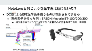 HoloLensと同じような光学系は他にないの？
EPSONのMoverio公式ページより引用
● DOEによるEPE光学系を使うものは市販されてません
○ 導光素子を使った例：EPSON Moverio BT-100/200/300
■ 導光素子内ではDOE/HOEでなく反射のみで光を曲げており、高画質
 
