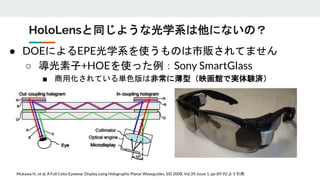 ● DOEによるEPE光学系を使うものは市販されてません
○ 導光素子+HOEを使った例：Sony SmartGlass
■ 商用化されている単色版は非常に薄型（映画館で実体験済）
HoloLensと同じような光学系は他にないの？
Mukawa H., et al, A Full Color Eyewear Display using Holographic Planar Waveguides, SID 2008, Vol.39, Issue 1, pp-89-92 より引用
 