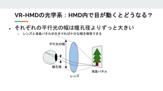 レンズ
液晶パネル
平行光の幅
瞳孔径
VR-HMDの光学系：HMD内で目が動くとどうなる？
● それぞれの平行光の幅は瞳孔径よりずっと大きい
○ レンズと液晶パネルが大きければ十分な幅を確保できる
 