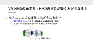 ● 小さなレンズ＆液晶ではどうなるか？
○ 青い三角形も小さくなる＝目の動かせる範囲が狭くなる
○ 目とレンズが滅茶苦茶近い＝メガネのスペースもない
レンズ 液晶パネル
VR-HMDの光学系：HMD内で目が動くとどうなる？
 