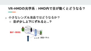 ● 小さなレンズ＆液晶ではどうなるか？
○ 目が少し上下にずれると…？
レンズ 液晶パネル
像が一部消失
VR-HMDの光学系：HMD内で目が動くとどうなる？
 