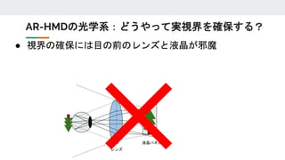 ● 視界の確保には目の前のレンズと液晶が邪魔
AR-HMDの光学系：どうやって実視界を確保する？
レンズ
液晶パネル
 