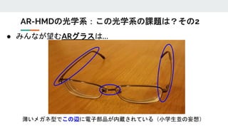 ● みんなが望むARグラスは…
薄いメガネ型でこの辺に電子部品が内蔵されている（小学生並の妄想）
AR-HMDの光学系：この光学系の課題は？その2
 