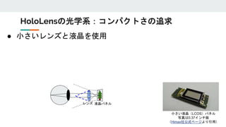 ● 小さいレンズと液晶を使用
レンズ 液晶パネル
小さい液晶（LCOS）パネル
写真は0.37インチ版
（Himax社公式ページより引用）
HoloLensの光学系：コンパクトさの追求
 