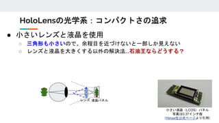 ● 小さいレンズと液晶を使用
○ 三角形も小さいので、余程目を近づけないと一部しか見えない
○ レンズと液晶を大きくする以外の解決法…石油王ならどうする？
レンズ 液晶パネル
HoloLensの光学系：コンパクトさの追求
小さい液晶（LCOS）パネル
写真は0.37インチ版
（Himax社公式ページより引用）
 