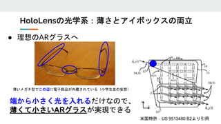 ● 理想のARグラスへ
HoloLensの光学系：薄さとアイボックスの両立
米国特許：US 9513480 B2より引用
端から小さく光を入れるだけなので、
薄くて小さいARグラスが実現できる
薄いメガネ型でこの辺に電子部品が内蔵されている（小学生並の妄想）
 