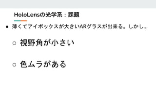 ● 薄くてアイボックスが大きいARグラスが出来る。しかし…
○ 視野角が小さい
○ 色ムラがある
HoloLensの光学系：課題
 