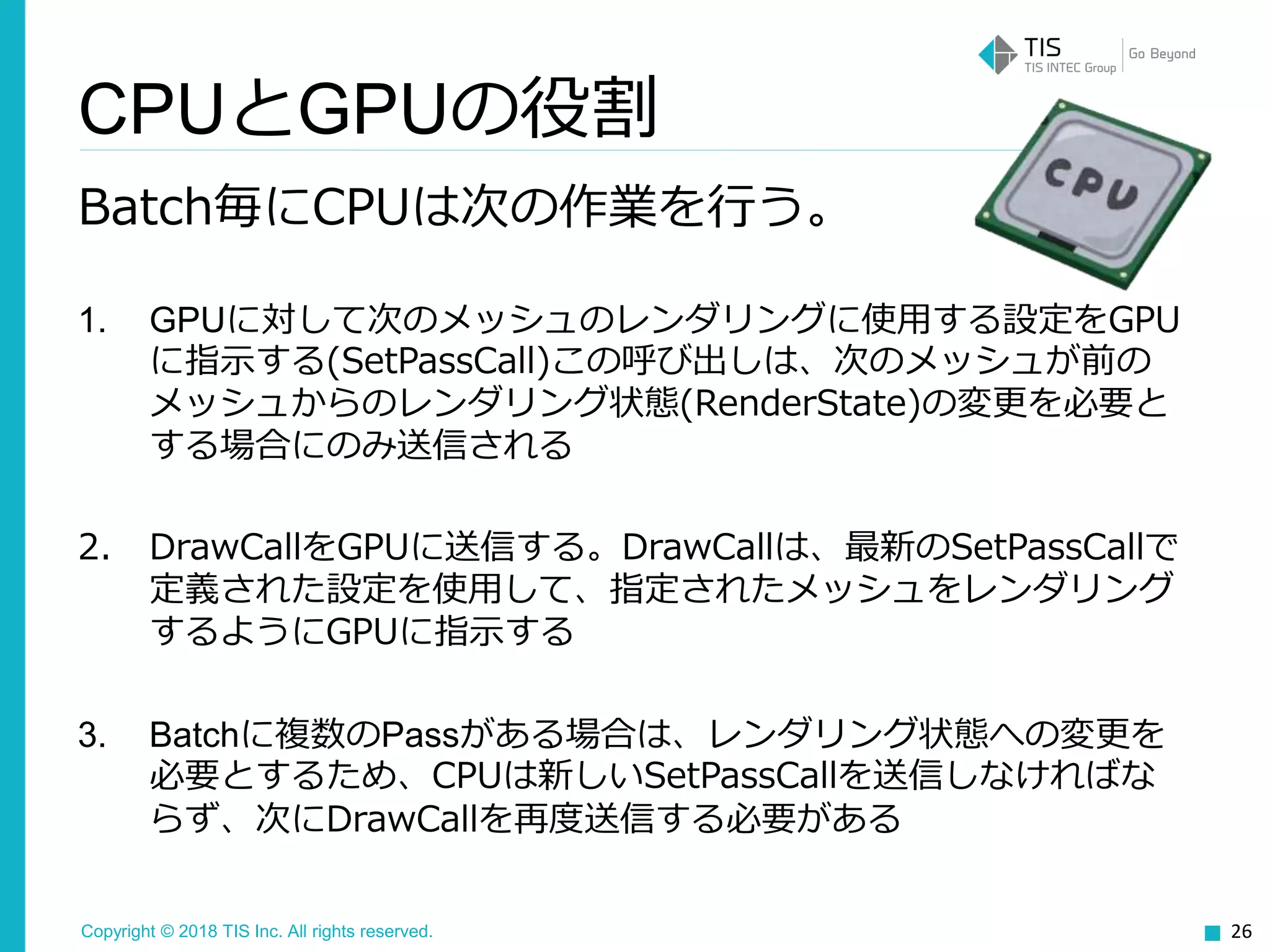 Copyright © 2018 TIS Inc. All rights reserved.
Batch毎にCPUは次の作業を行う。
1. GPUに対して次のメッシュのレンダリングに使用する設定をGPU
に指示する(SetPassCall)この呼び出しは、次のメッシュが前の
メッシュからのレンダリング状態(RenderState)の変更を必要と
する場合にのみ送信される
2. DrawCallをGPUに送信する。DrawCallは、最新のSetPassCallで
定義された設定を使用して、指定されたメッシュをレンダリング
するようにGPUに指示する
3. Batchに複数のPassがある場合は、レンダリング状態への変更を
必要とするため、CPUは新しいSetPassCallを送信しなければな
らず、次にDrawCallを再度送信する必要がある
26
CPUとGPUの役割
 