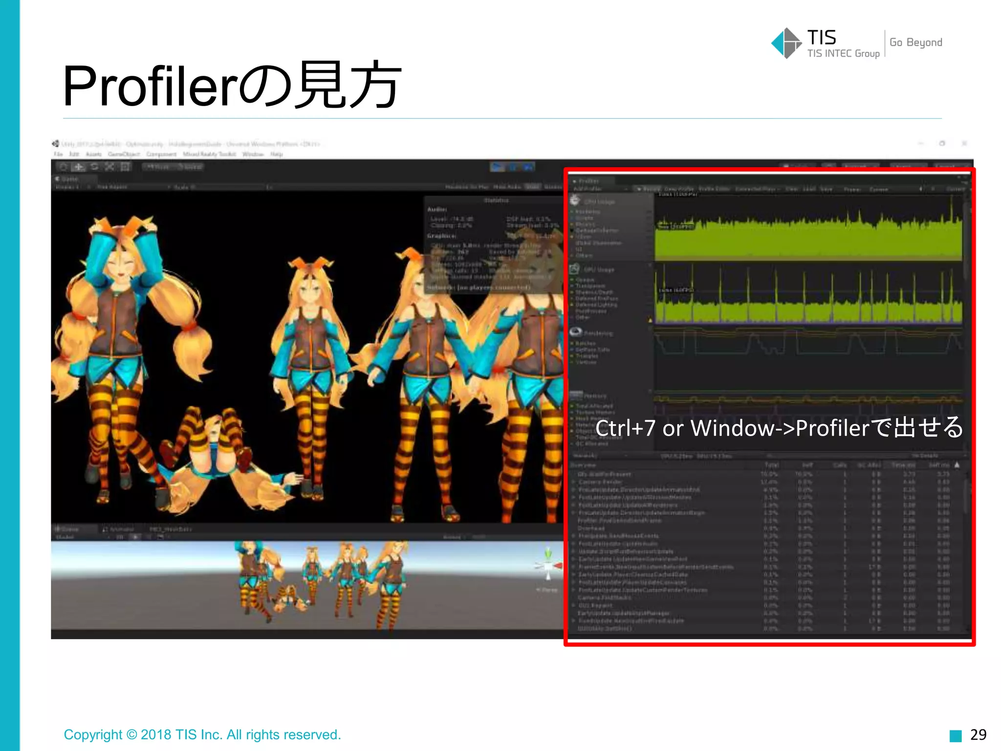 Copyright © 2018 TIS Inc. All rights reserved.
Profilerの見方
29
Ctrl+7 or Window->Profilerで出せる
 
