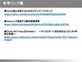 参考リンク集
◆Holoの嫁と会話するためのステップバイステップ
https://qiita.com/decchi/items/f4766d6f45da0e59639b
◆HoloLensで実現する動的経路探索
https://qiita.com/morio36/items/d75228d2ccdb9c24574b
◆【Unite 2017 Tokyo】VR MAGIC！ ～キャラクターに命を吹き込んだこの4年
間の記録～
https://www.slideshare.net/Unite2017Tokyo/unite-2017-tokyovr-
magic4
 
