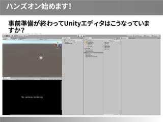 ハンズオン始めます！
事前準備が終わってUnityエディタはこうなっていま
すか？
 