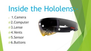 Inside the Hololens:-
@ 1.Camera
@2.Computer
@3.Lense
@4.Vents
@5.Sensor
@6.Buttons
 