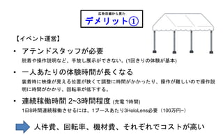 【イベント運営】
• アテンドスタッフが必要
脱着や操作説明など、手放し展示ができない。(1回きりの体験が基本)
• 一人あたりの体験時間が長くなる
装着時に映像が見える位置が狭くて調整に時間がかかったり、操作が難しいので操作説
明に時間がかかり、回転率が低下する。
• 連続稼働時間 2~3時間程度 (充電 ?時間)
1日8時間連続稼働させるには、1ブースあたり3HoloLens必要（100万円~）
広告目線から見た
デメリット①
人件費、回転率、機材費、それぞれでコストが高い
 