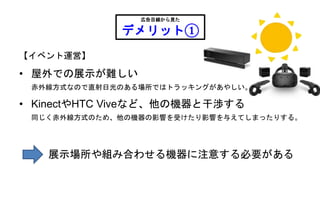 【イベント運営】
• 屋外での展示が難しい
赤外線方式なので直射日光のある場所ではトラッキングがあやしい。
• KinectやHTC Viveなど、他の機器と干渉する
同じく赤外線方式のため、他の機器の影響を受けたり影響を与えてしまったりする。
広告目線から見た
デメリット①
展示場所や組み合わせる機器に注意する必要がある
 