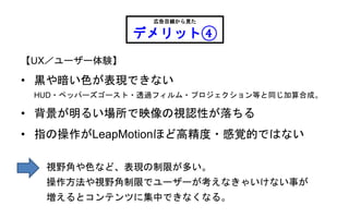 【UX／ユーザー体験】
• 黒や暗い色が表現できない
HUD・ペッパーズゴースト・透過フィルム・プロジェクション等と同じ加算合成。
• 背景が明るい場所で映像の視認性が落ちる
• 指の操作がLeapMotionほど高精度・感覚的ではない
広告目線から見た
デメリット④
視野角や色など、表現の制限が多い。
操作方法や視野角制限でユーザーが考えなきゃいけない事が
増えるとコンテンツに集中できなくなる。
 
